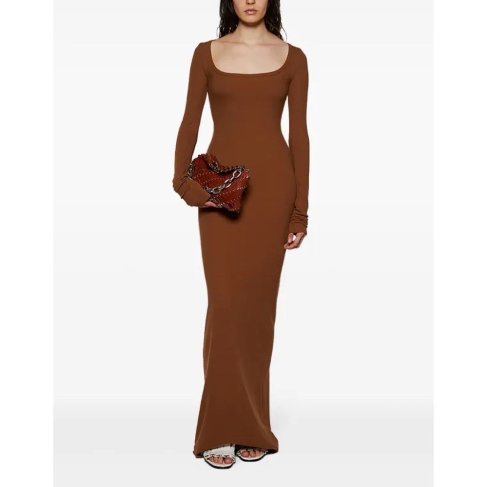 Eterne Square-Neck Long Sleeve Butter Rib Maxi Dress Earth Brown Small - Picture 3 of 11